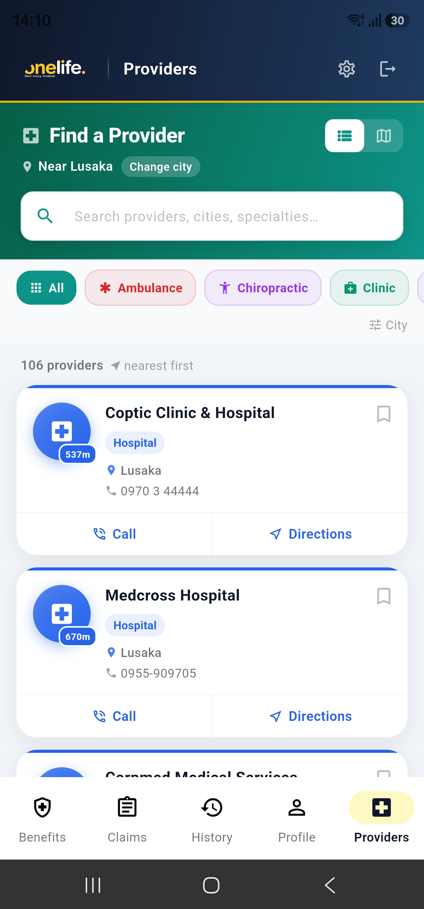 Providers screen showing nearby hospitals and clinics